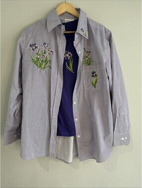 Country Store 2-Piece Embroidered Striped Purple Floral Shirt Set Size M